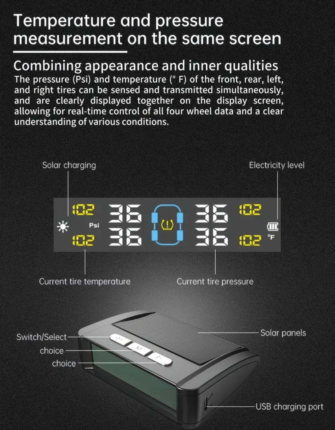 Mašinos padangų oro slėgio monitorius – saulės energija + USB įkrovimas