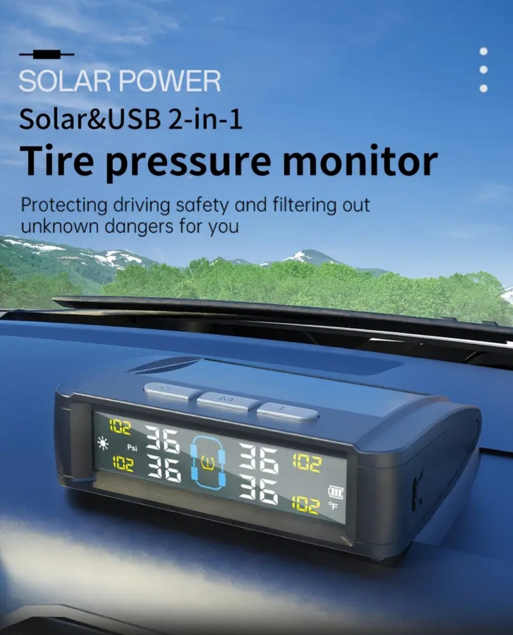 Mašinos padangų oro slėgio monitorius – saulės energija + USB įkrovimas