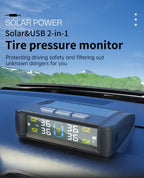 Mašinos padangų oro slėgio monitorius – saulės energija + USB įkrovimas