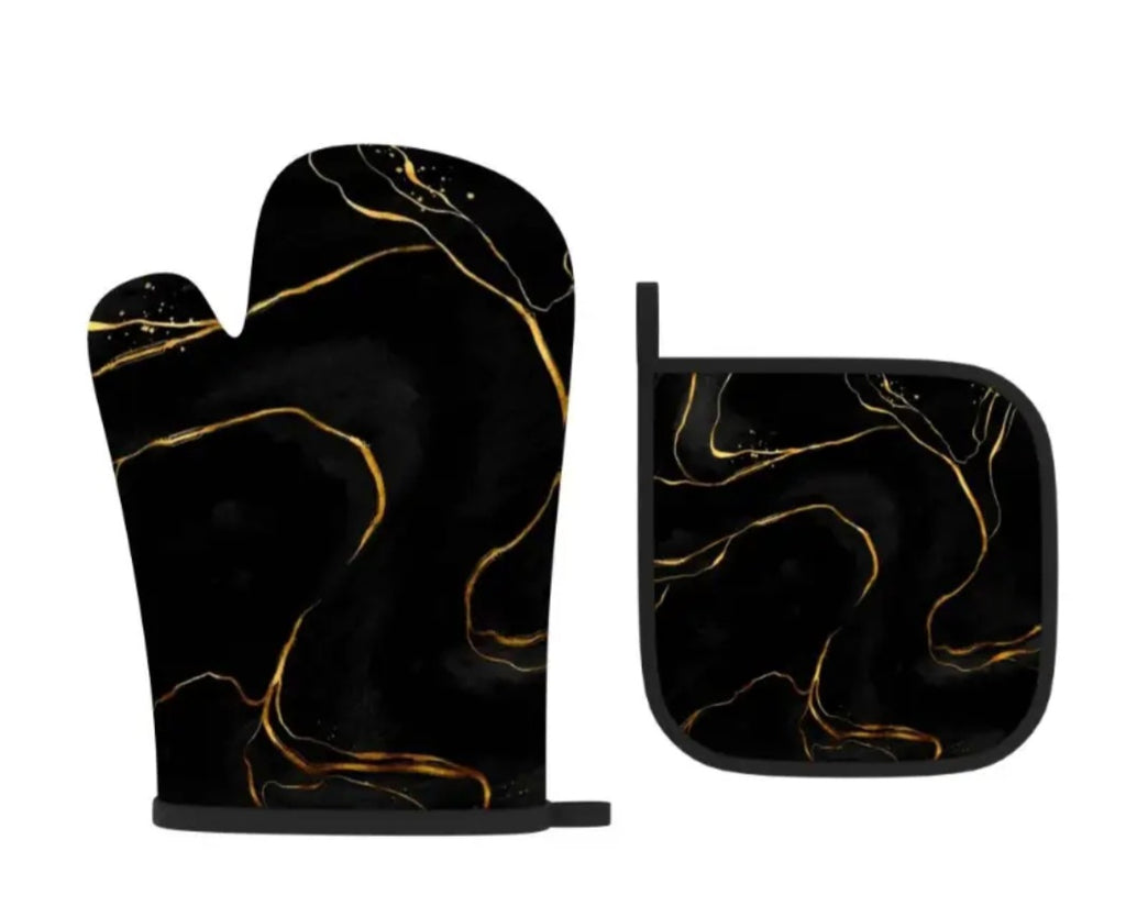 2 vnt. auksinio marmuro dizaino orkaitės pirštinės ir puodų laikiklių rinkinys – karščiui atsparūs virtuvės aksesuarai