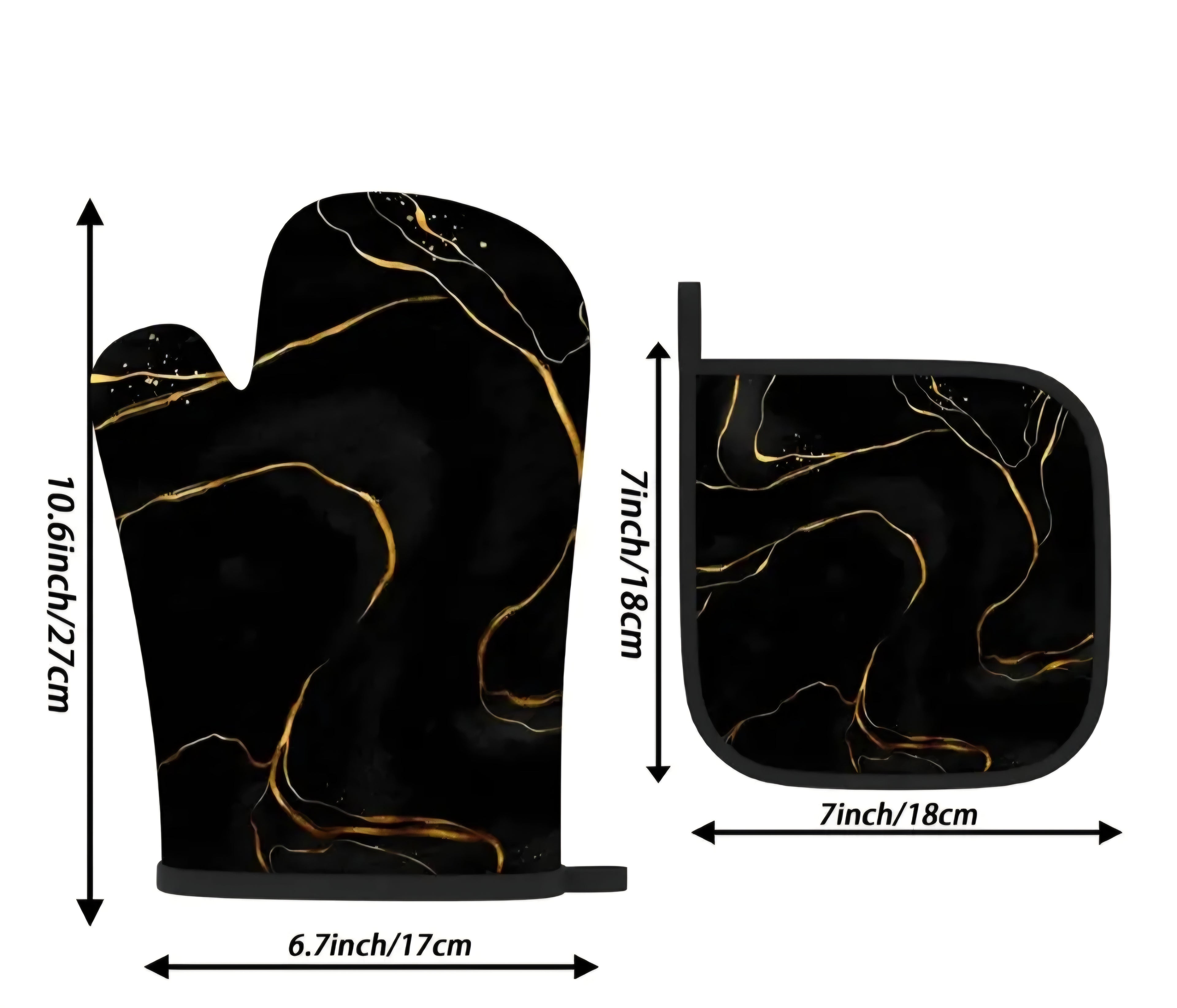 2 vnt. auksinio marmuro dizaino orkaitės pirštinės ir puodų laikiklių rinkinys – karščiui atsparūs virtuvės aksesuarai