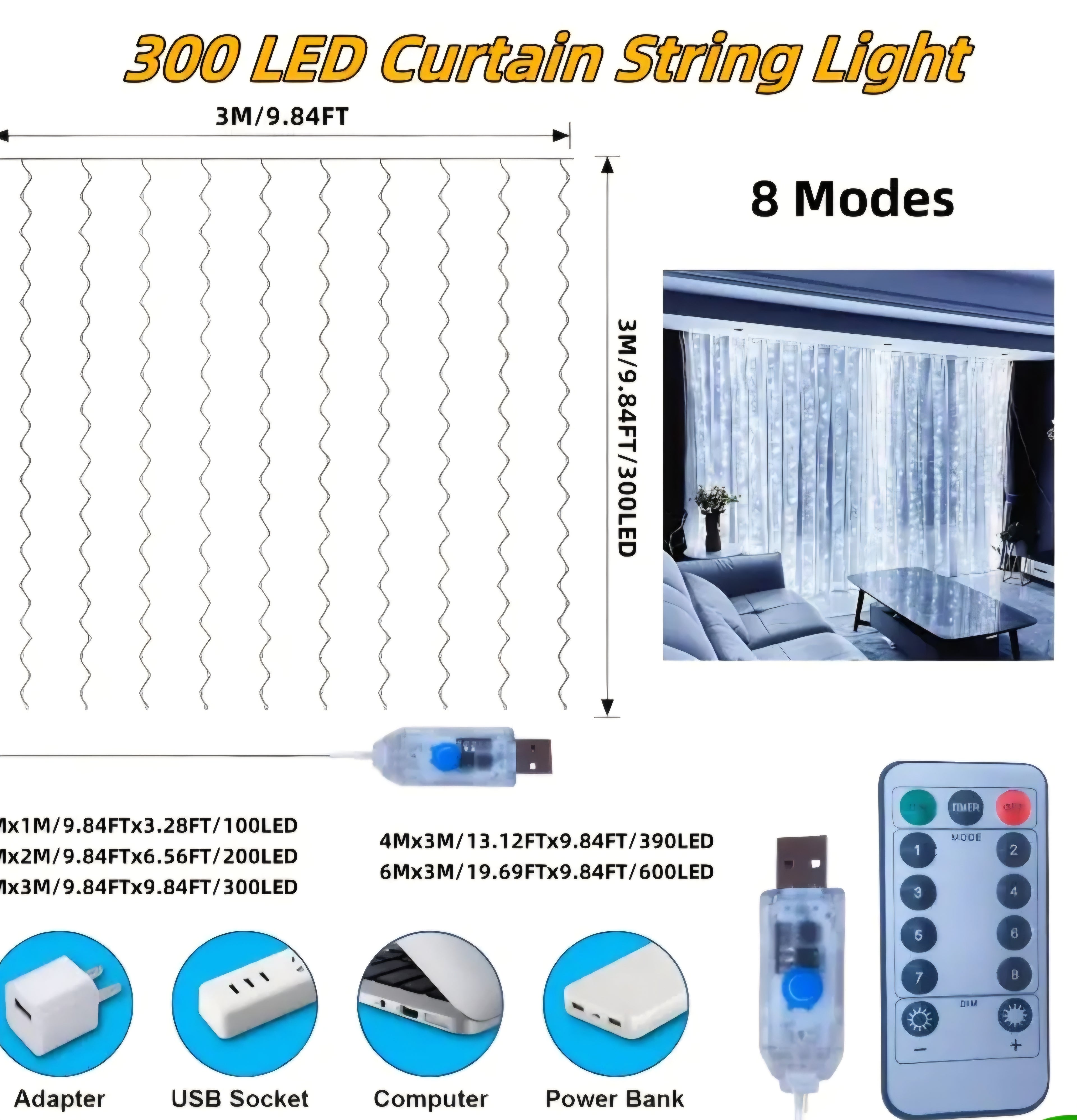 USB užuolaidų šviestuvai 3×3 m – 12 LED girliandos su nuotoliniu valdymu, šventinis apšvietimas