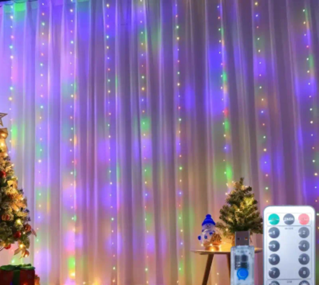 USB užuolaidų šviestuvai 3×3 m – 12 LED girliandos su nuotoliniu valdymu, šventinis apšvietimas