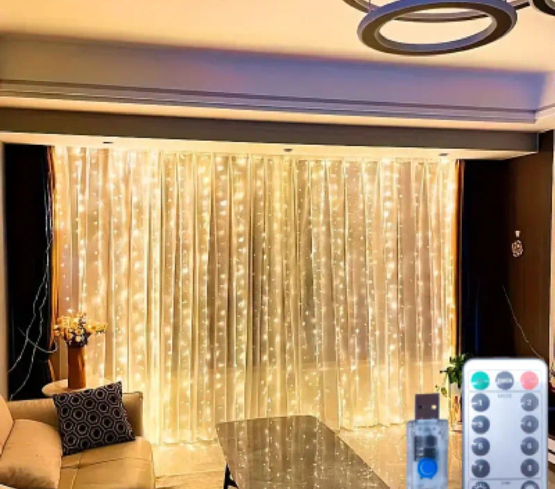 USB užuolaidų šviestuvai 3×3 m – 12 LED girliandos su nuotoliniu valdymu, šventinis apšvietimas