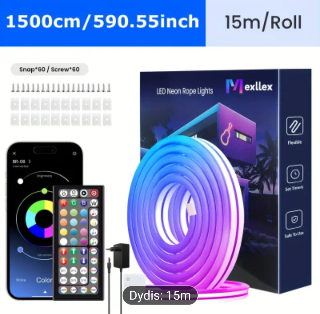 Mexllex 15 m patobulinta išmanioji RGB neon LED juosta – su programėle, nuotoliniu valdymu, muzika ir laikmačio funkcija