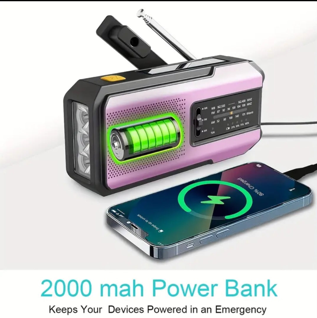 Daykit visų funkcijų avarinis radijas su saulės / rankos svirtimi – NOAA įspėjimai, 2000 mAh power bank, 3 režimai žibintuvui, IPX4, SOS signalizacija