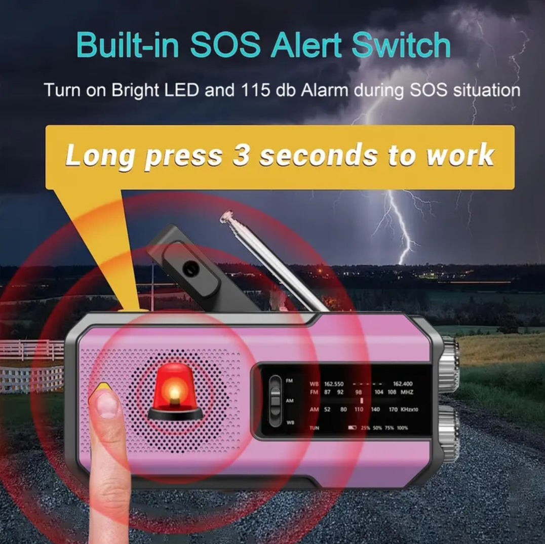 Daykit visų funkcijų avarinis radijas su saulės / rankos svirtimi – NOAA įspėjimai, 2000 mAh power bank, 3 režimai žibintuvui, IPX4, SOS signalizacija