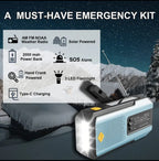 Daykit visų funkcijų avarinis radijas su saulės / rankos svirtimi – NOAA įspėjimai, 2000 mAh power bank, 3 režimai žibintuvui, IPX4, SOS signalizacija