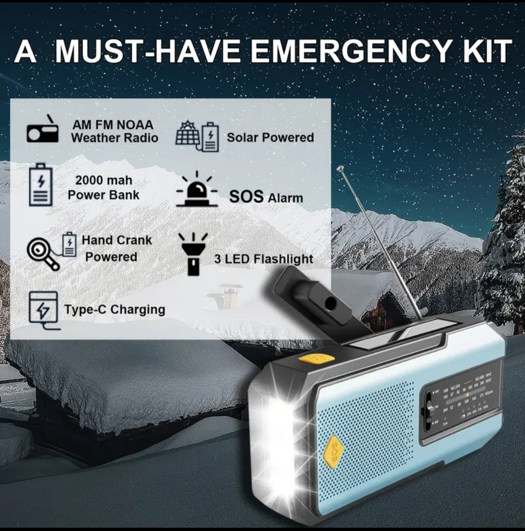 Daykit visų funkcijų avarinis radijas su saulės / rankos svirtimi – NOAA įspėjimai, 2000 mAh power bank, 3 režimai žibintuvui, IPX4, SOS signalizacija
