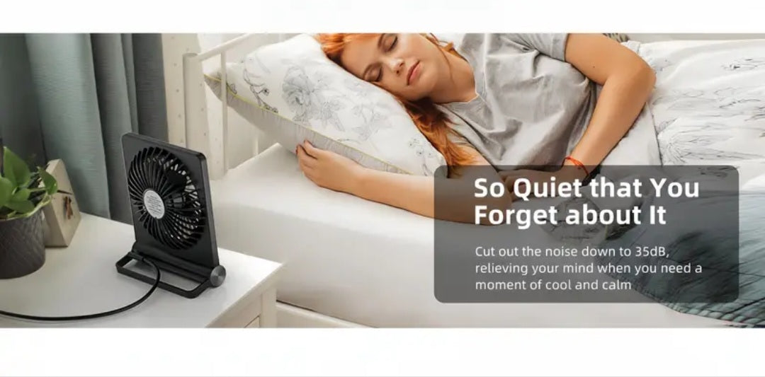 Nešiojamas USB stalinis ventiliatorius su 3 greičių reguliavimu – tylus, sulankstomas, 220° pasukimas, juodas