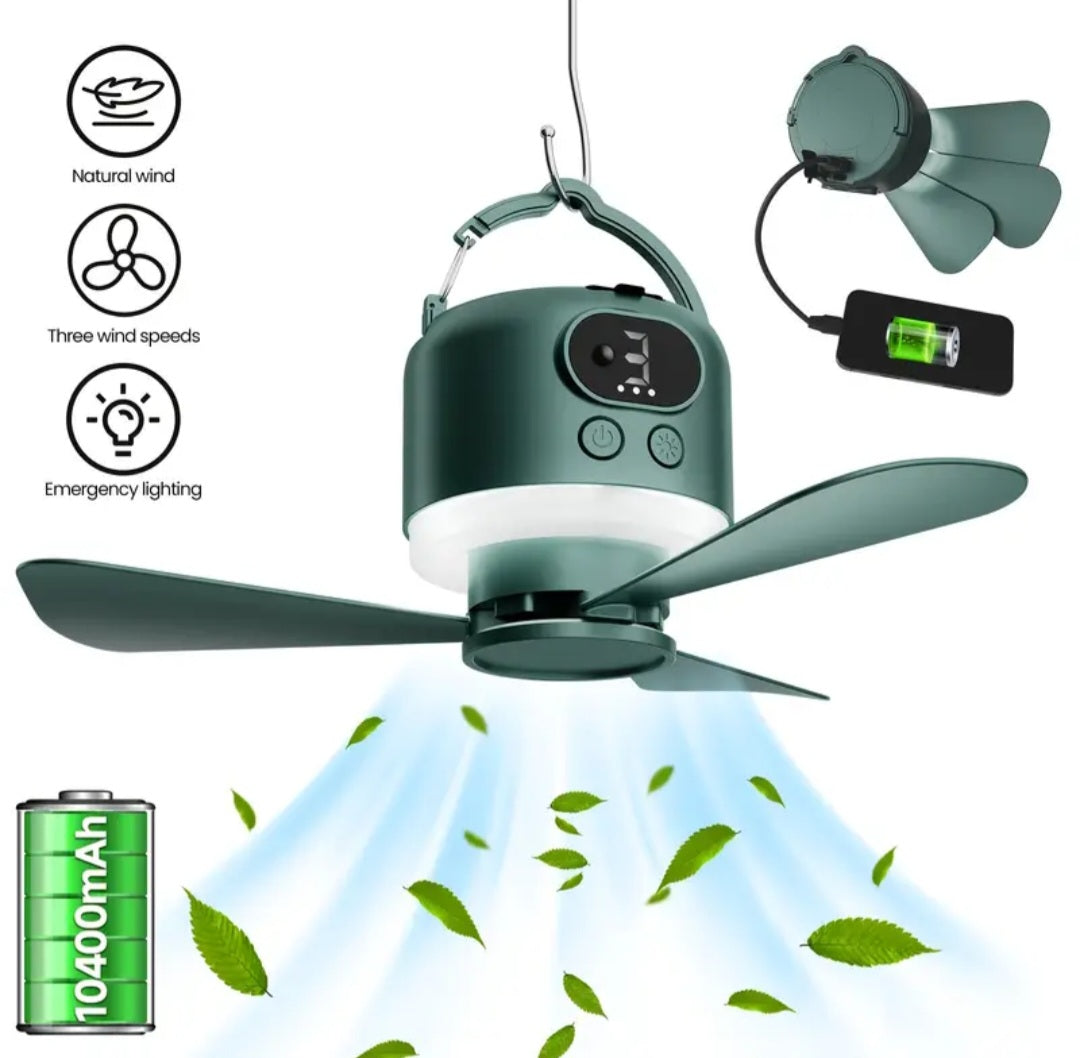 Nešiojamas USB Kempingo Ventiliatorius su LED Apšvietimu – Stovyklavimui, Palapinėms, Lauko Įrankis