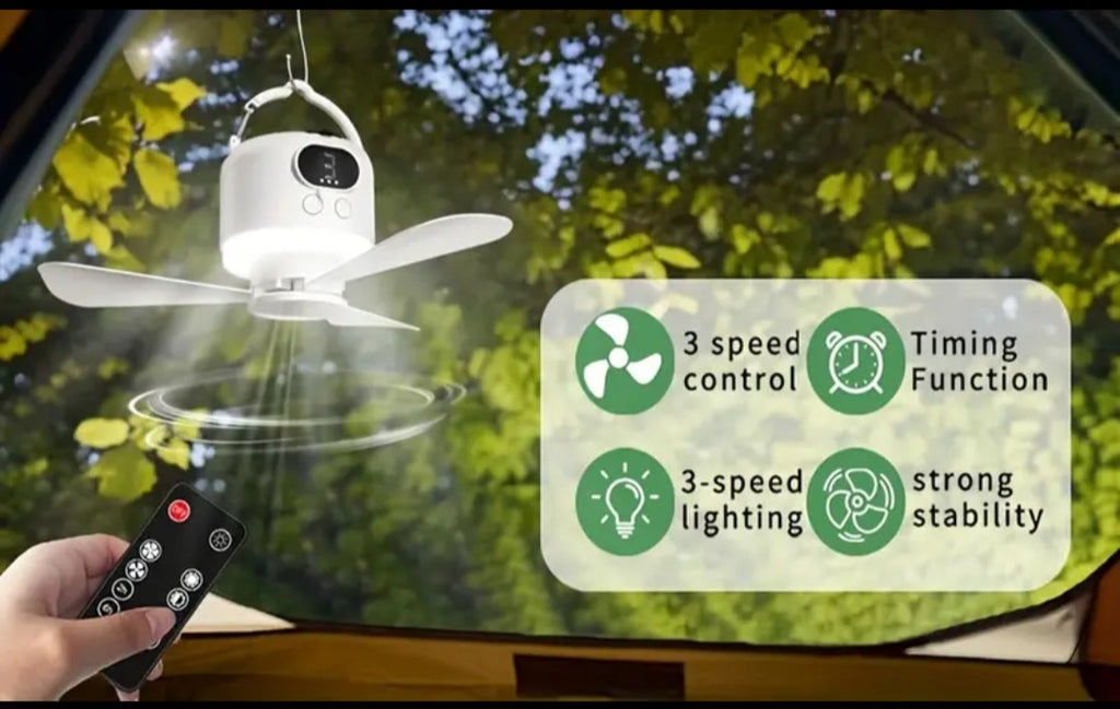 Nešiojamas USB Kempingo Ventiliatorius su LED Apšvietimu – Stovyklavimui, Palapinėms, Lauko Įrankis