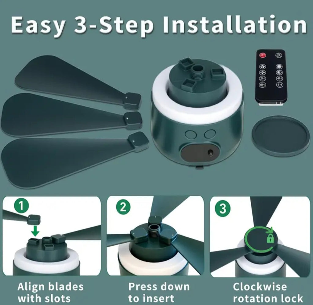 Nešiojamas USB Kempingo Ventiliatorius su LED Apšvietimu – Stovyklavimui, Palapinėms, Lauko Įrankis