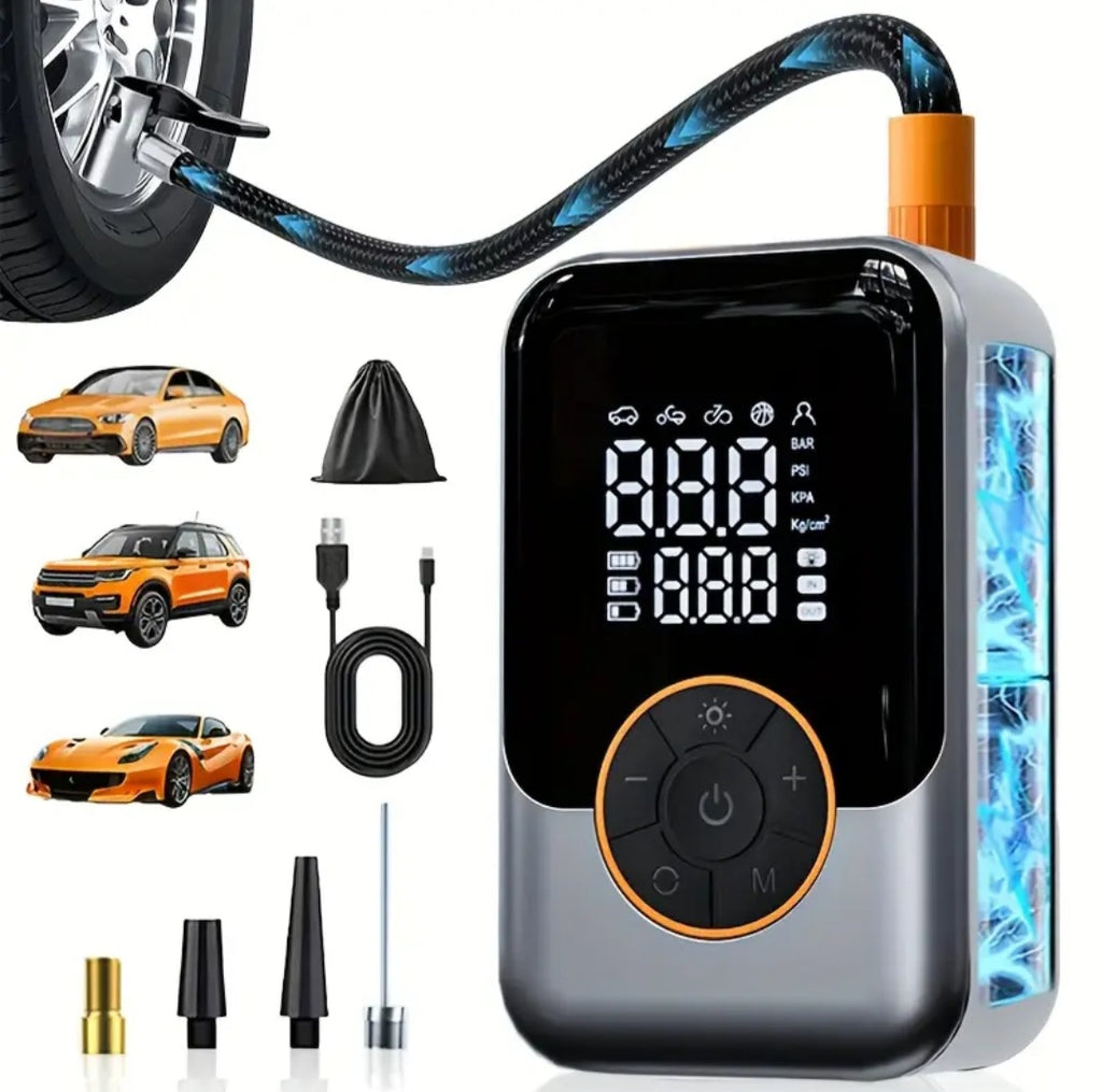 Nešiojamas mini belaidis padangų pripūtimo įrenginys su skaitmeniniu slėgio matuokliu
