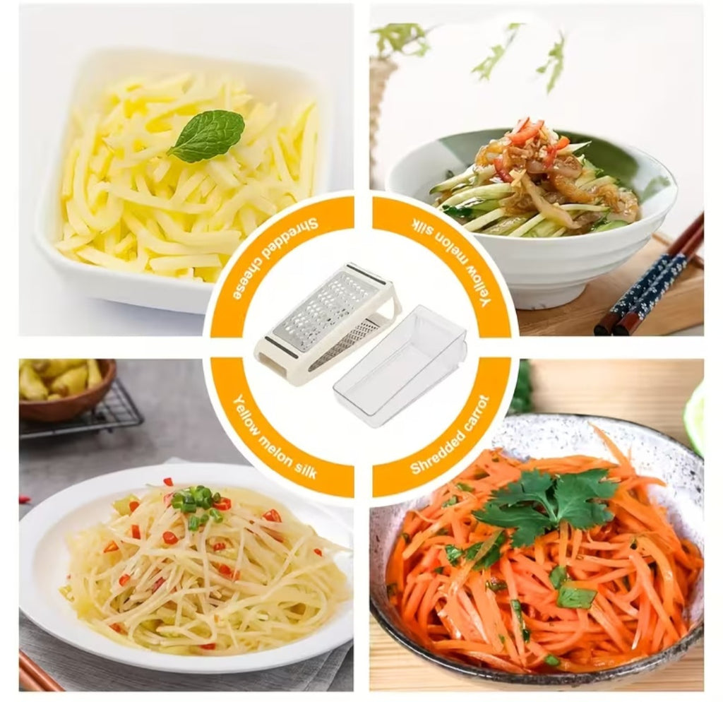 Dvipusė nerūdijančio plieno sūrio ir daržovių tarka FARIDABIO su plastikiniu indeliu – kompaktiškas rankinis virtuvės įrankis