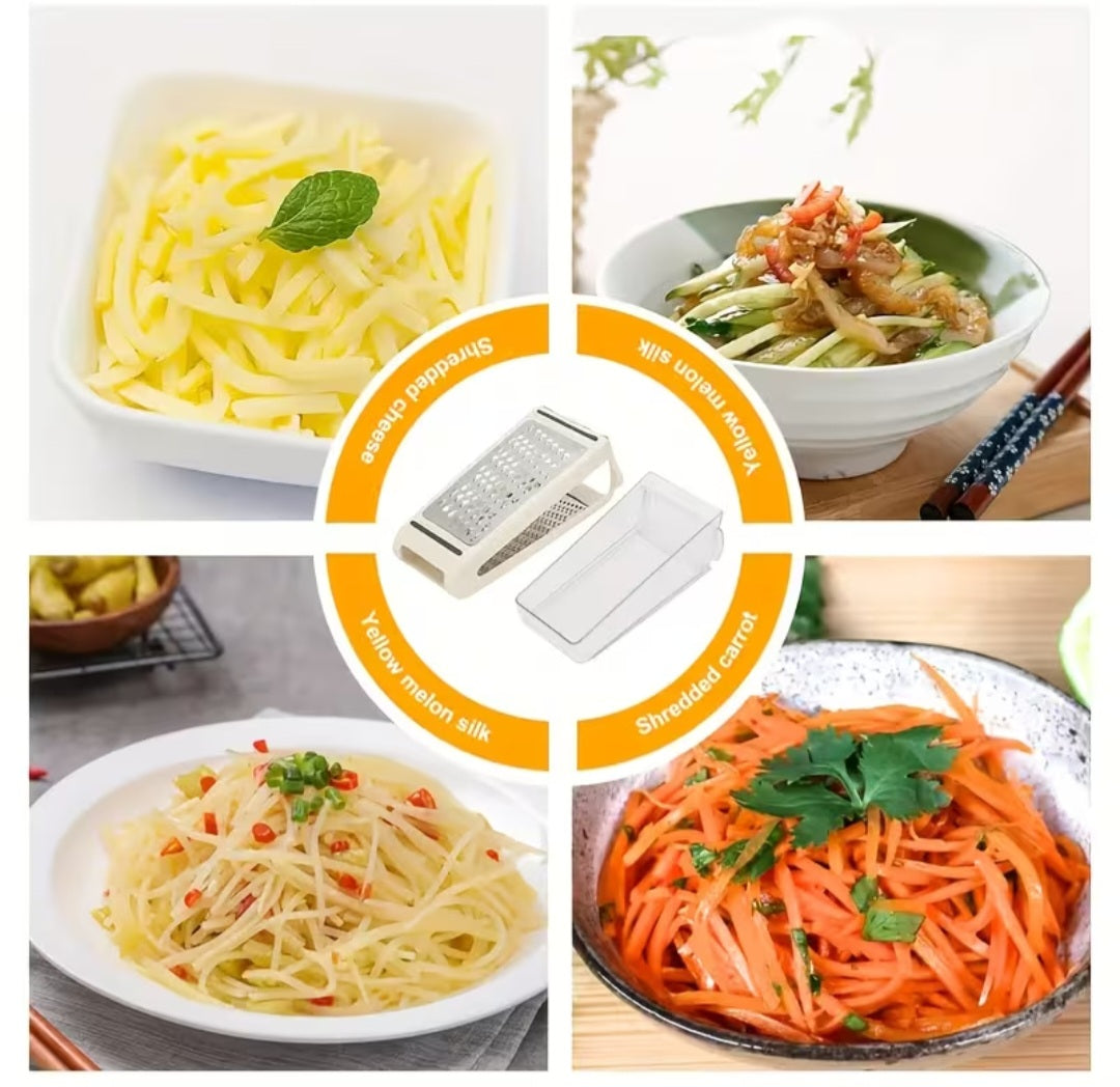 Dvipusė nerūdijančio plieno sūrio ir daržovių tarka FARIDABIO su plastikiniu indeliu – kompaktiškas rankinis virtuvės įrankis