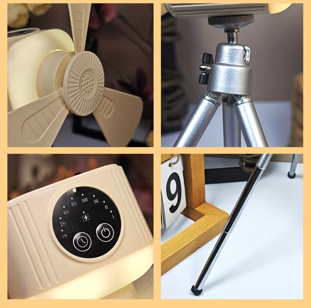 Daugiafunkcinis nešiojamas lubų ventiliatorius su įkraunama USB baterija, 4 vėjo režimais, nuotoliniu valdymu, laikmačiu ir švelnia naktine šviesa. Tylus, galingas ir lengvai kabinamas arba statomas – idealus namams ir išvykai į gamtą.